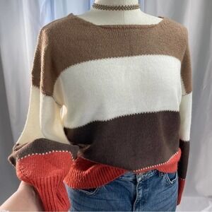 Chic Striped Crew Neck Sweater in Brown, Cream, and orange